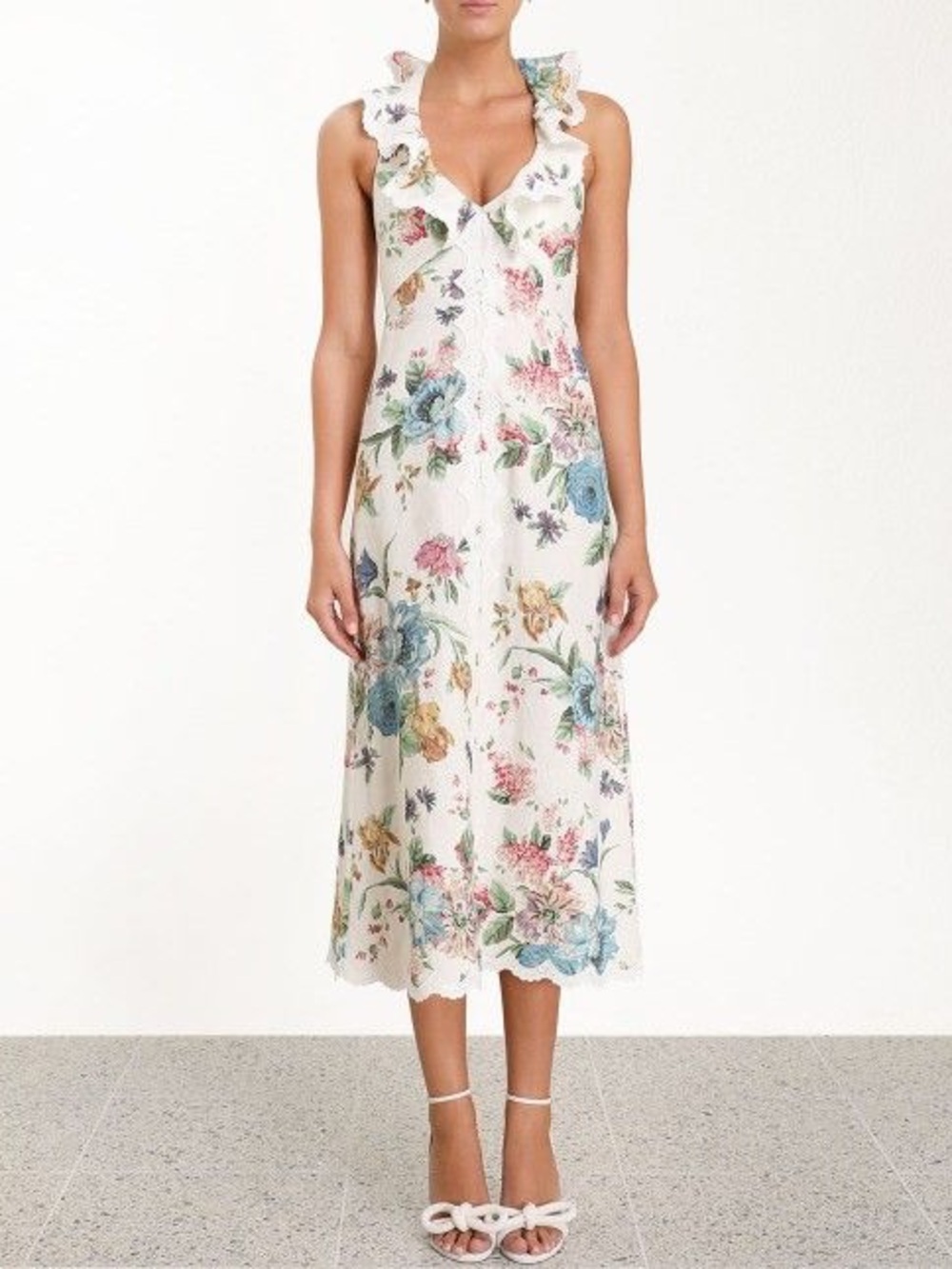 Zimmermann Cream Floral Ruffle-Trim Midi Dress